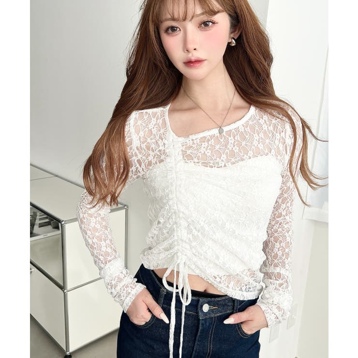 アシンメトリードロスト長袖ストレッチレーストップス[品番