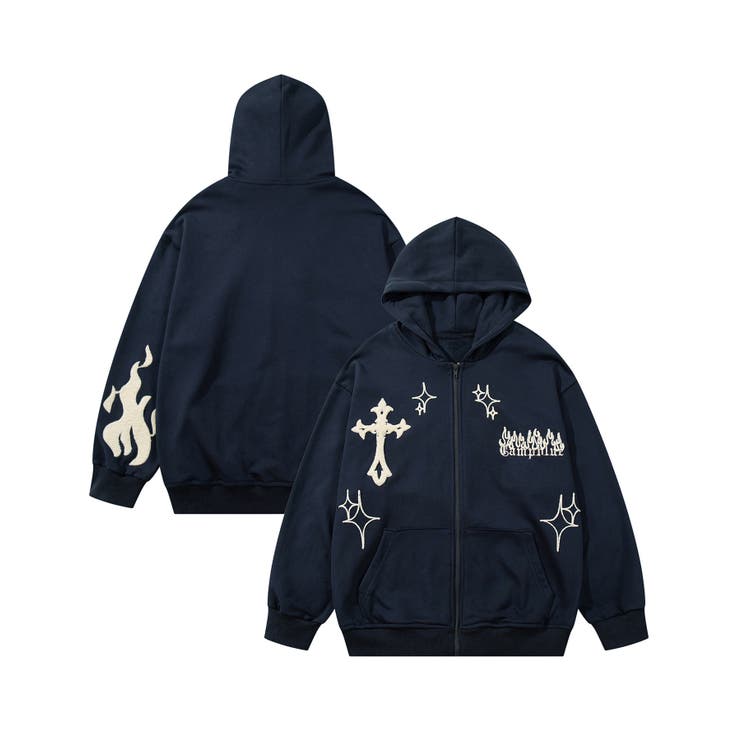 HOOK】クロスと炎刺繍ジップパーカー ストリート系 ロンT[品番