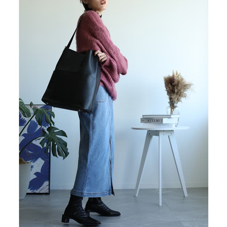 選べる3サイズ 外ポケット付きフェイクレザートートバッグ（ポーチ付き