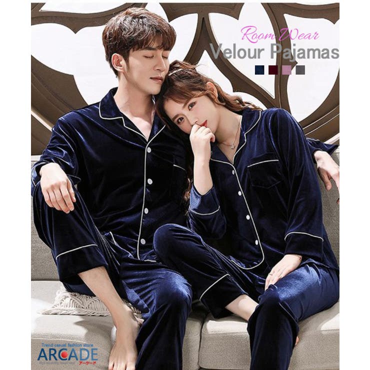 なめらかで優しい肌触り シルク調ベロア地 パジャマ上下セット[品番