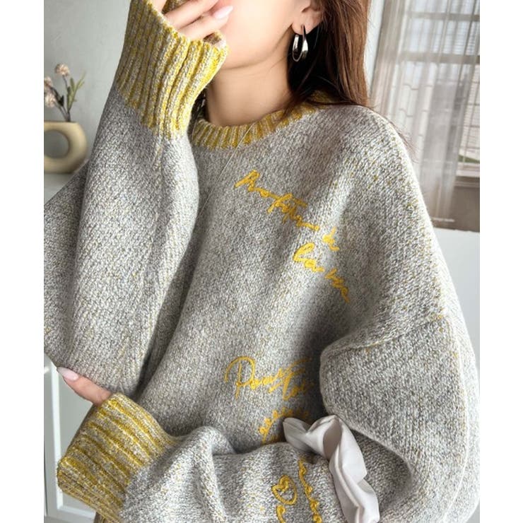 mily bilet】大人の個性派ニット。ランダム刺繍クロップドニットプル