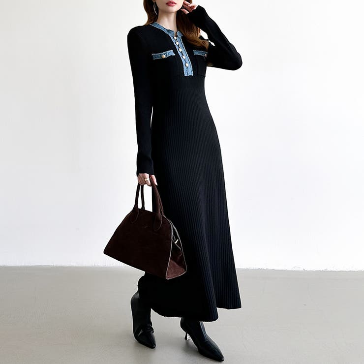 デニム切り替えニットワンピース デニムドッキング ワンピース[品番