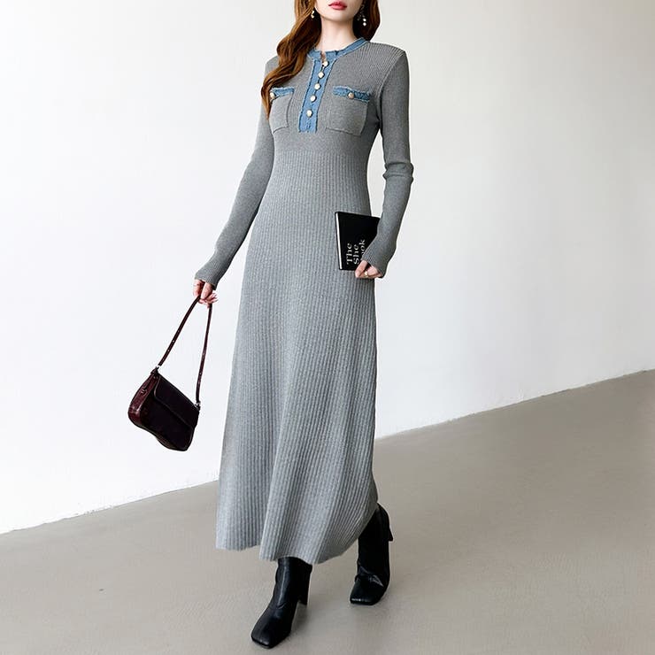 デニム切り替えニットワンピース デニムドッキング ワンピース[品番