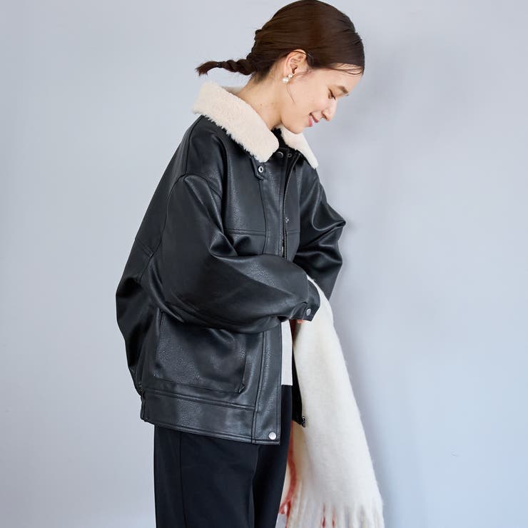 ボア襟付きレザーライクヴィンテージブルゾン[品番：COEW0007631