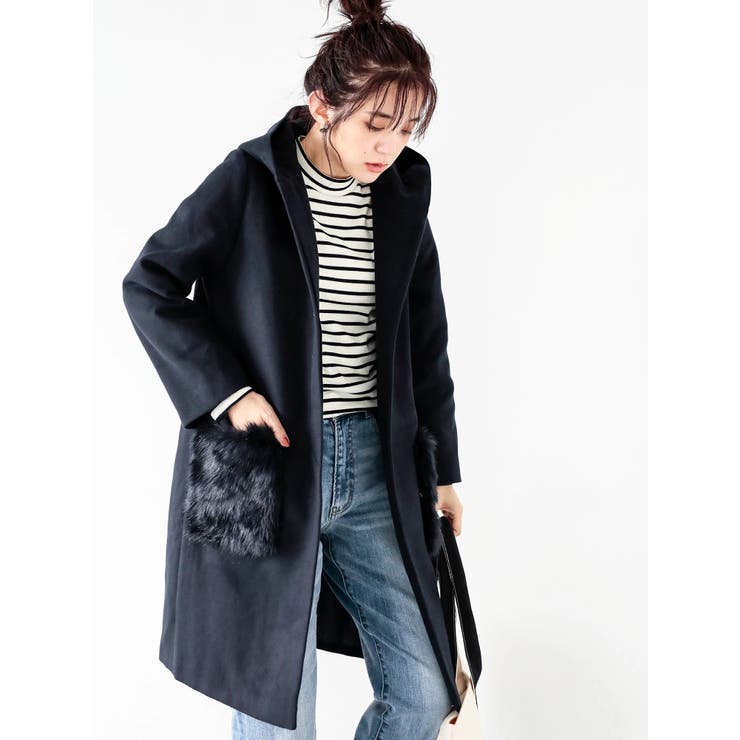 取り外しポケットファーフード付ロングコート[品番：KOEW0010144]｜koe