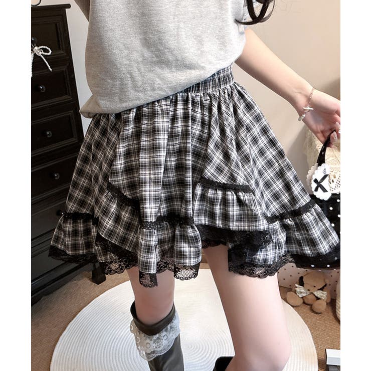 裾レースアシンメトリーフリルミニスカート インナーパンツ付き フレア