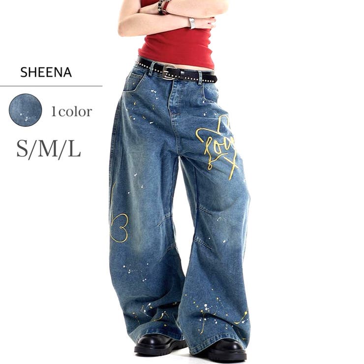 Loveハート刺繍カーブワイドデニムパンツ[品番：SHNW0012735]｜SHEENA