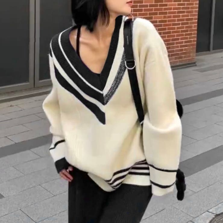 春夏新作】ずらしデザインゆったりVネックニット[品番：SHNW0012211