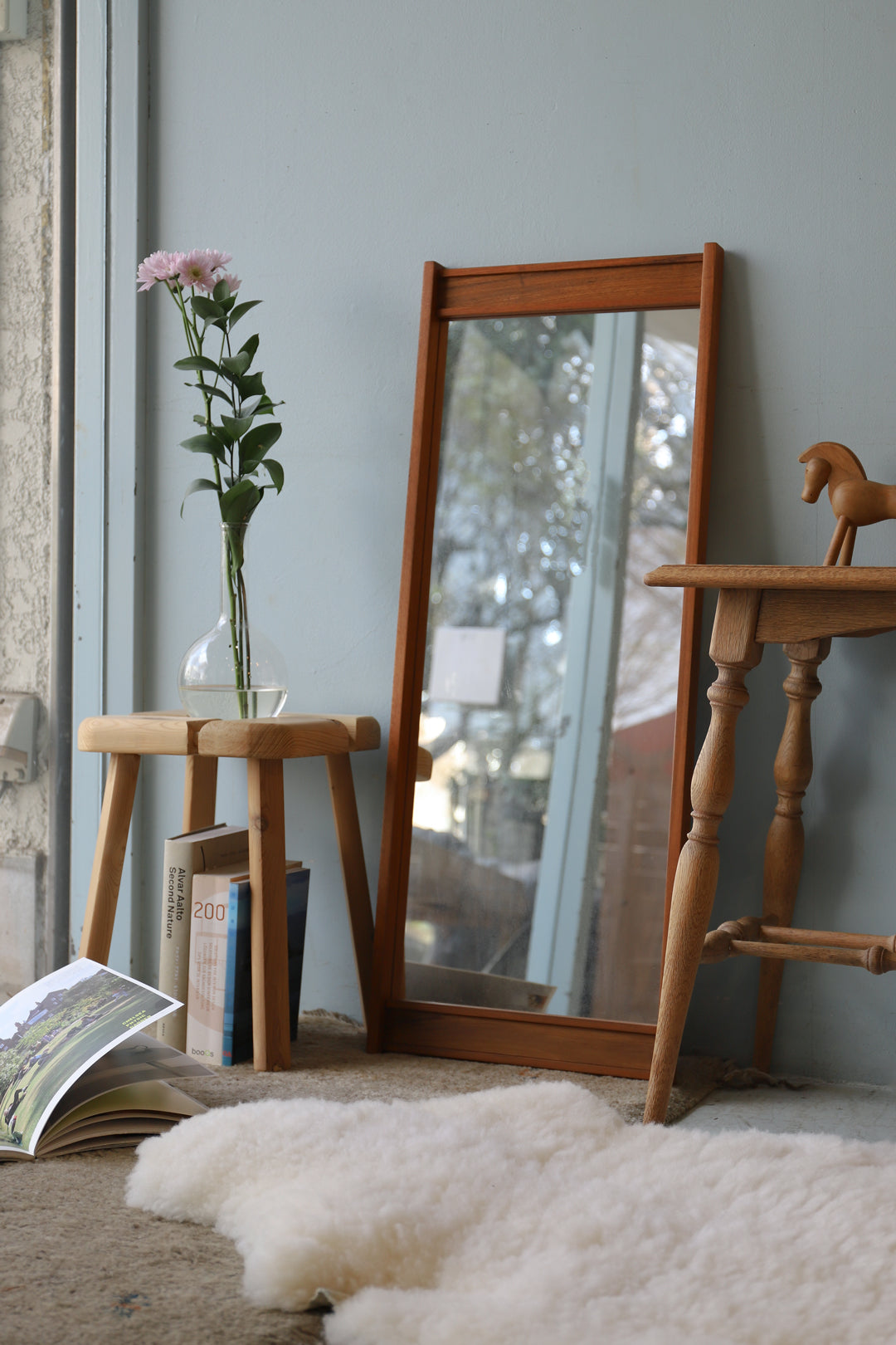 デンマークヴィンテージ ウォールミラー チーク材 壁掛け鏡 北欧