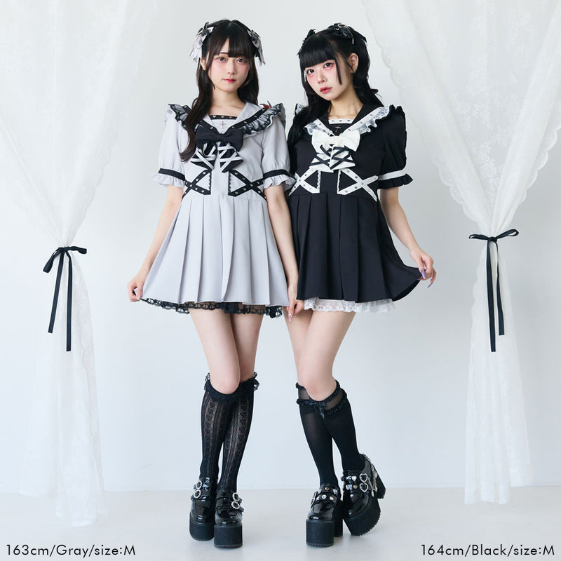 十字架レースフリルハートクロスベルトセーラーワンピース