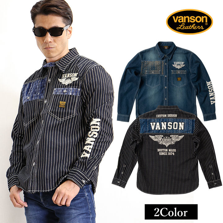 VANSON（バンソン）刺し子切り替えデニムシャツ nvsl-2105