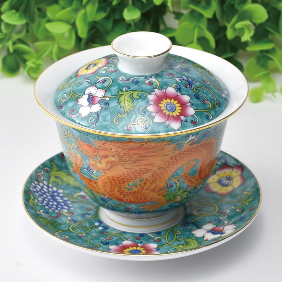 蓋碗｜琺瑯描金・緑龍｜中国茶器専門店・天香茶行