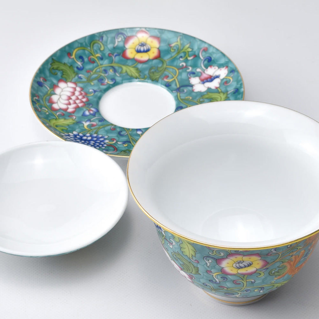 蓋碗｜琺瑯描金・緑龍｜中国茶器専門店・天香茶行