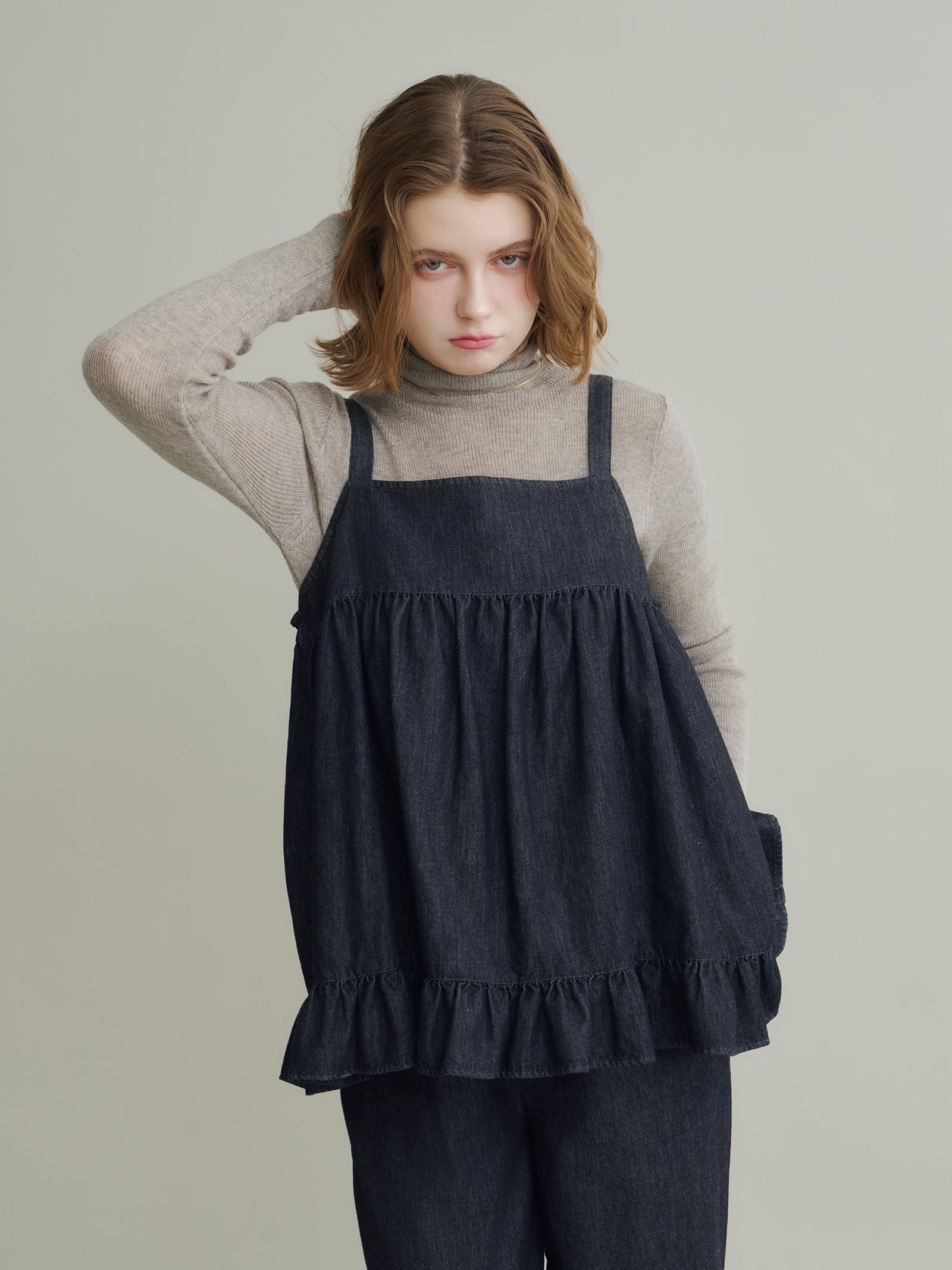 ギャザーフレアバックリボンデニムトップス[セットアップ可能]