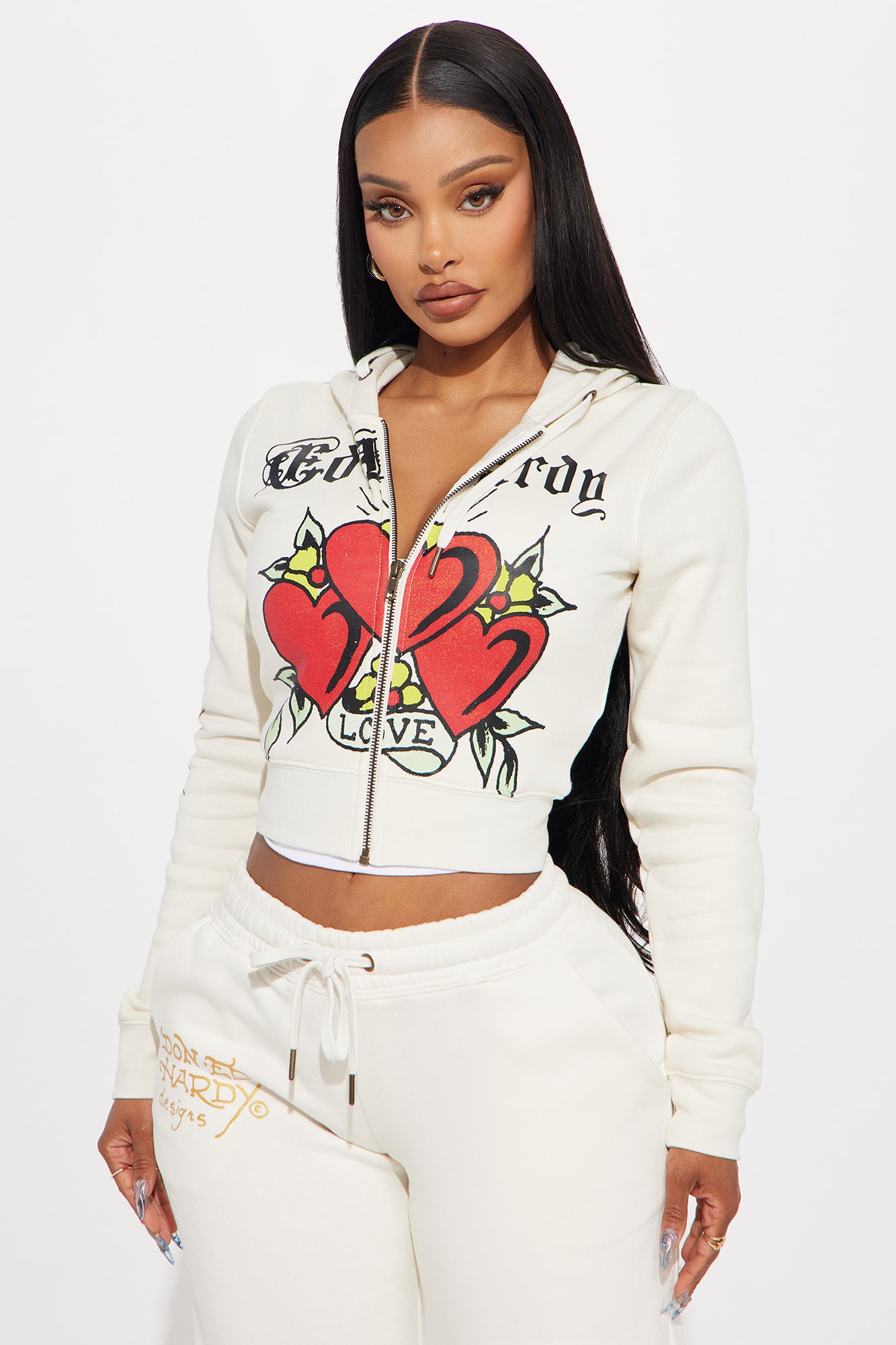 Ed Hardy Hearts Zip Front Hoodie - Stone | Fashion Nova