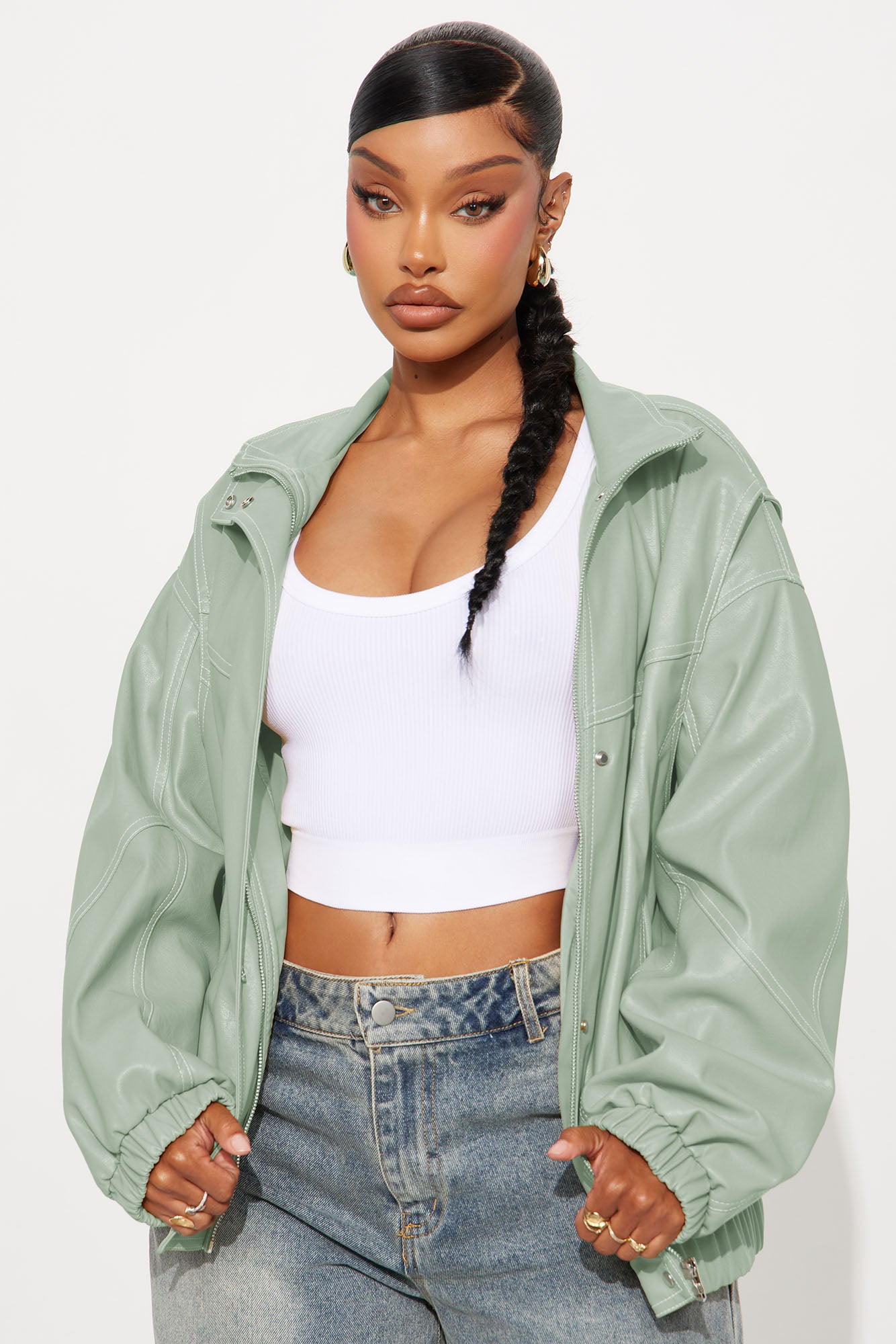 Stella Faux Leather Bomber Jacket - Sage | Fashion Nova
