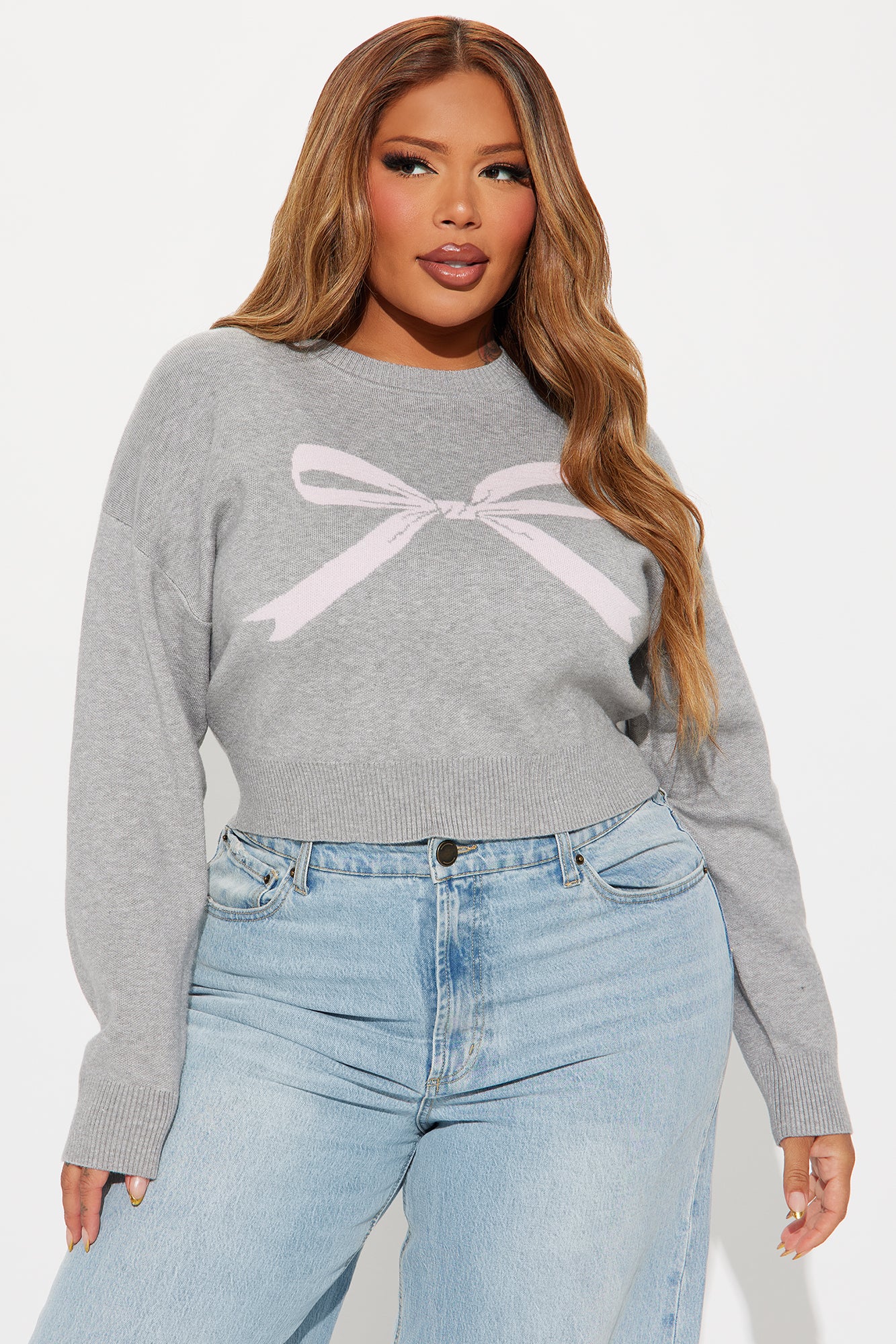 Bow On Top Sweater - Grey/combo | Fashion Nova