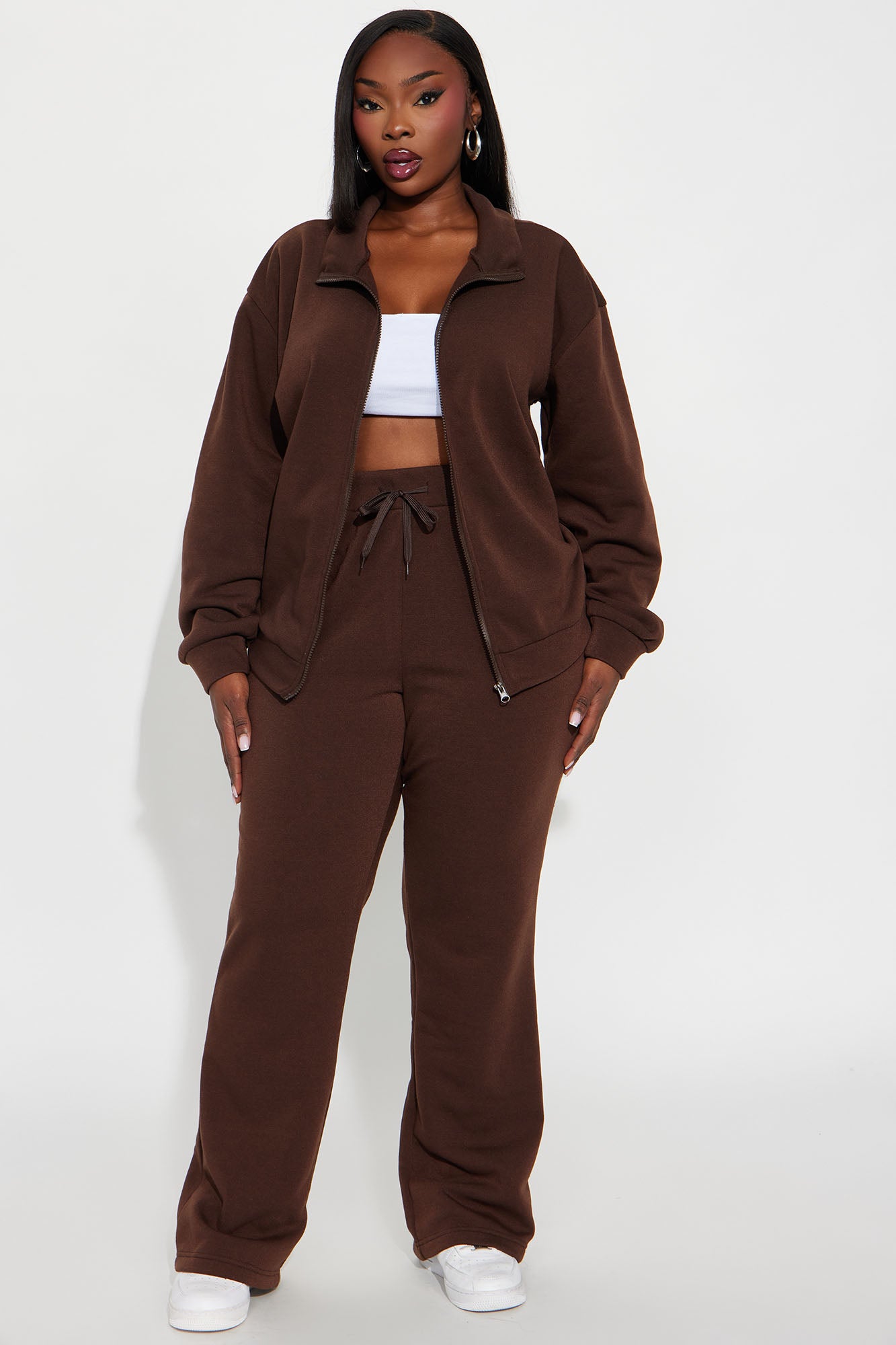 Demi Zip Up Fleece Pant Set - Chocolate | Fashion Nova
