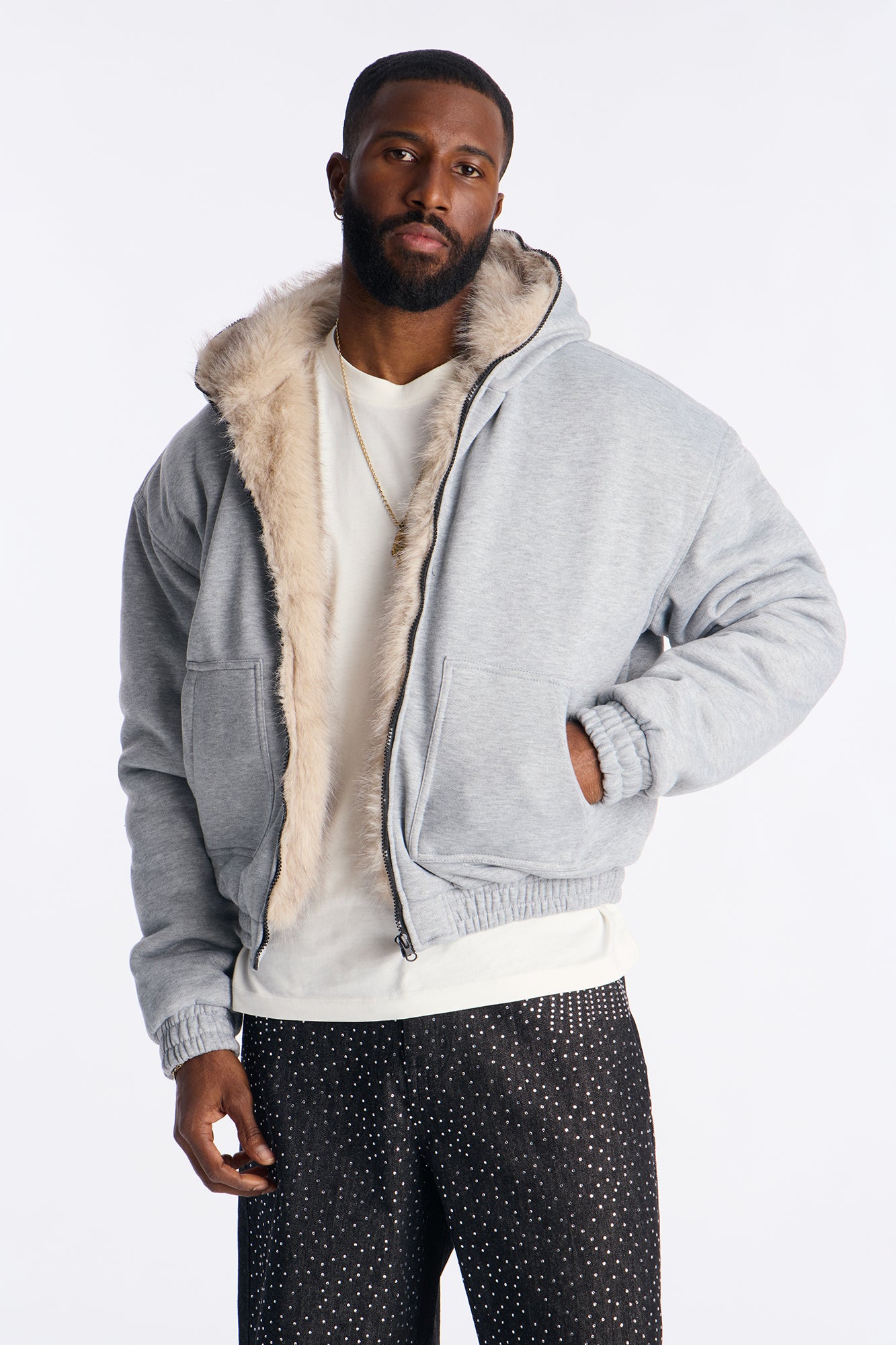 Faux Fur Hooded Zip Up Hoodie - Grey | Fashion Nova