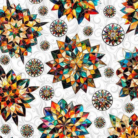 Solstice White Kaleidoscope Medallions Fabric by Morris Creative