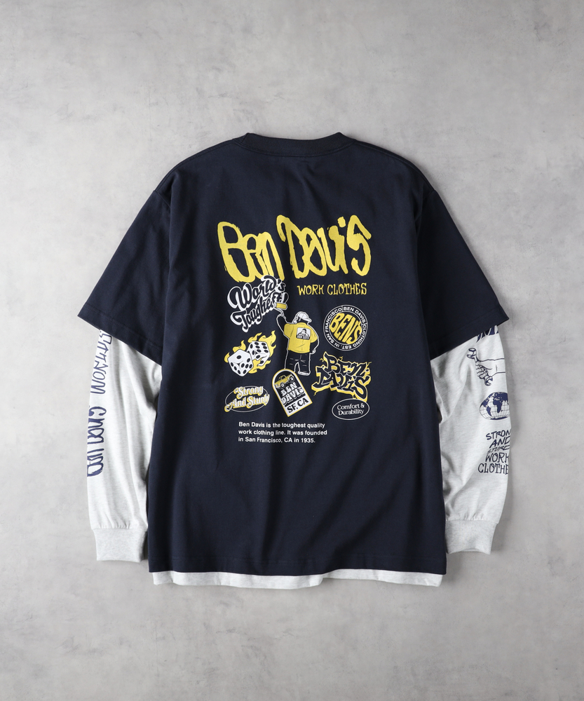 リアルレイヤードロングスリーブプリントTシャツ(M ネイビー