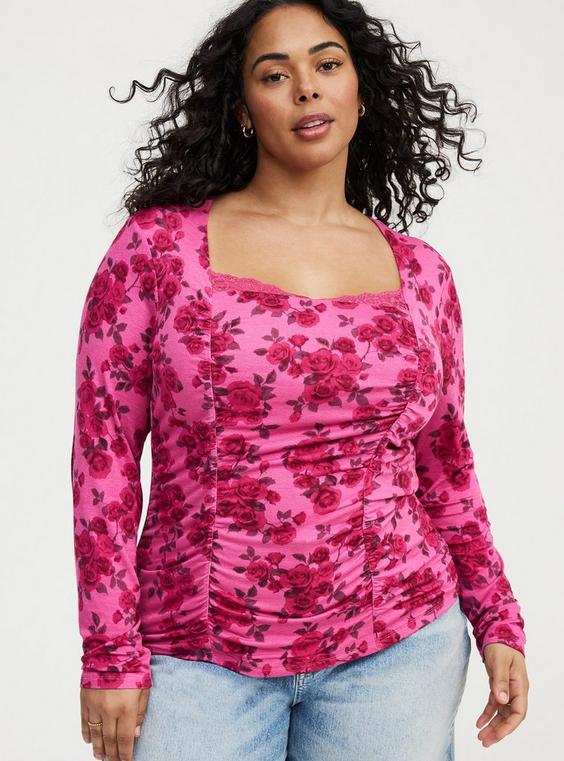 Plus Size - Slinky Shirred Lace Neck Top - Torrid