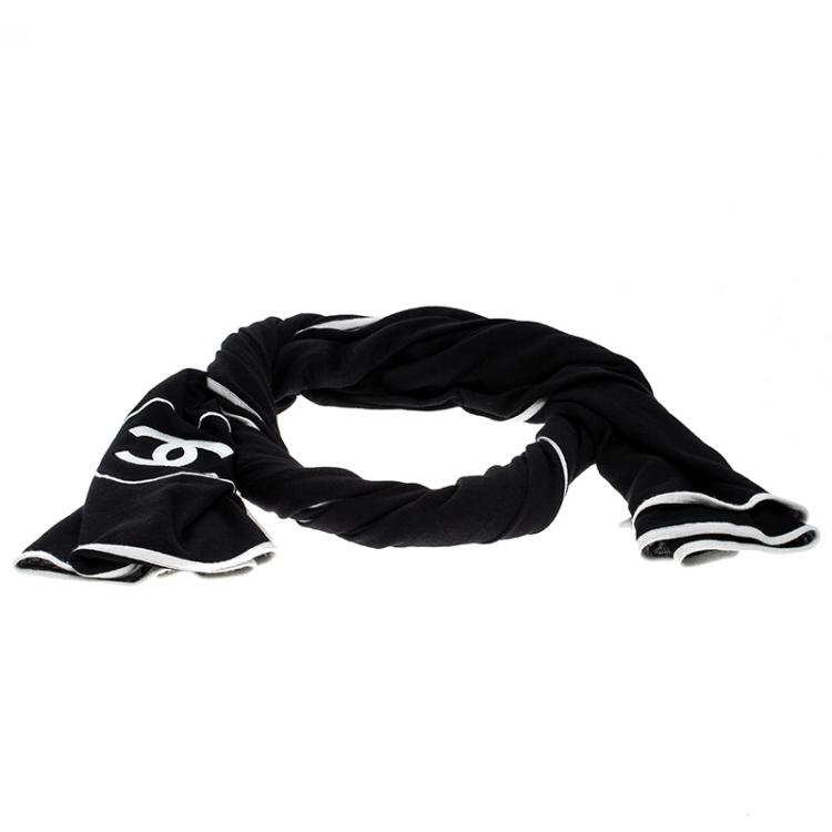 Chanel Monochrome CC Logo Embroidered Cashmere and Silk Knit Scarf