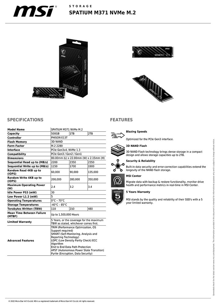 MSI エムエスアイ SPATIUM M371 S78-440L870-P83 [M.2 NVMe 内蔵SSD