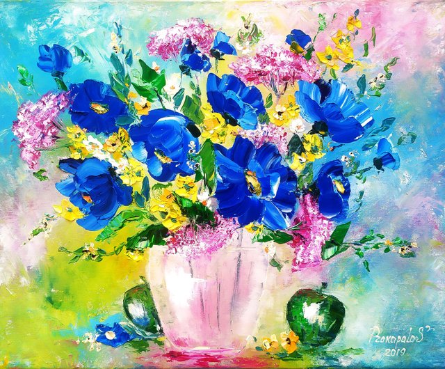 ウクライナ 青い花 絵画 フローラル オリジナル アート ブルー コーン