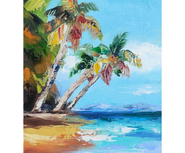 ロシア ヤシの木の油絵 海の小さなアート 海のアートワーク ハワイの
