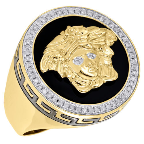10K Yellow Gold Round Diamond & Onyx Medusa Pinky Ring Mens Pave