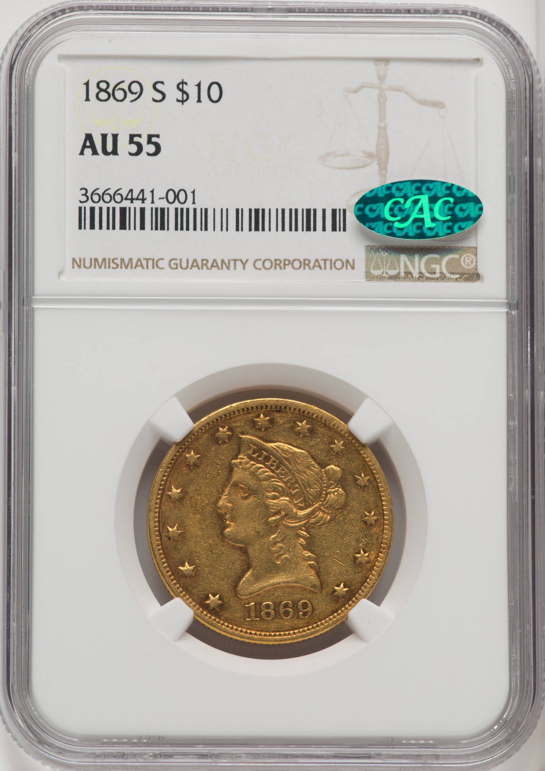1869-S $10 CAC Liberty Eagle NGC AU55 - LCR Coin