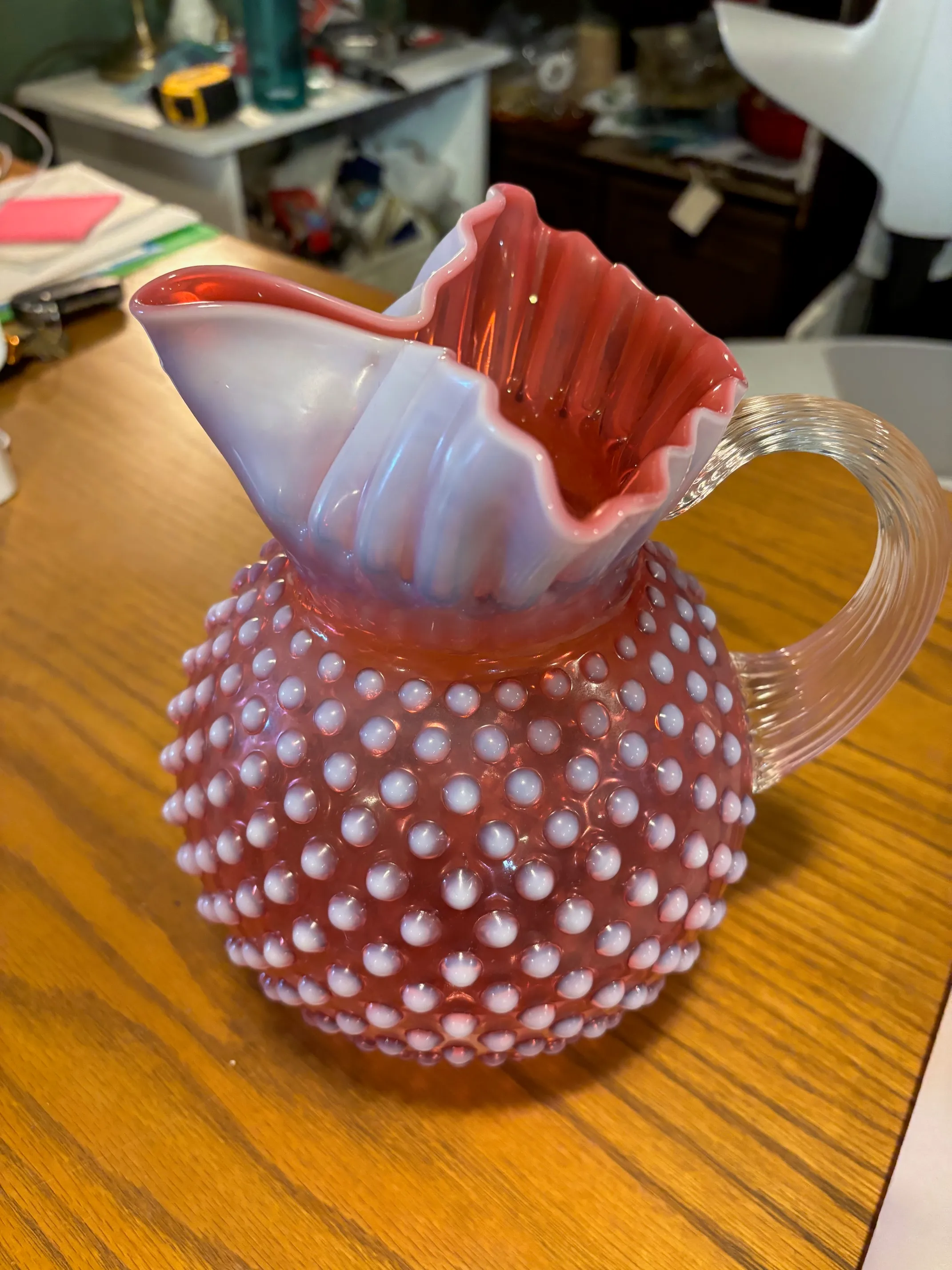 Vintage Fenton Pink & White Hobnob Pitcher & Glass Set- 5 Pieces