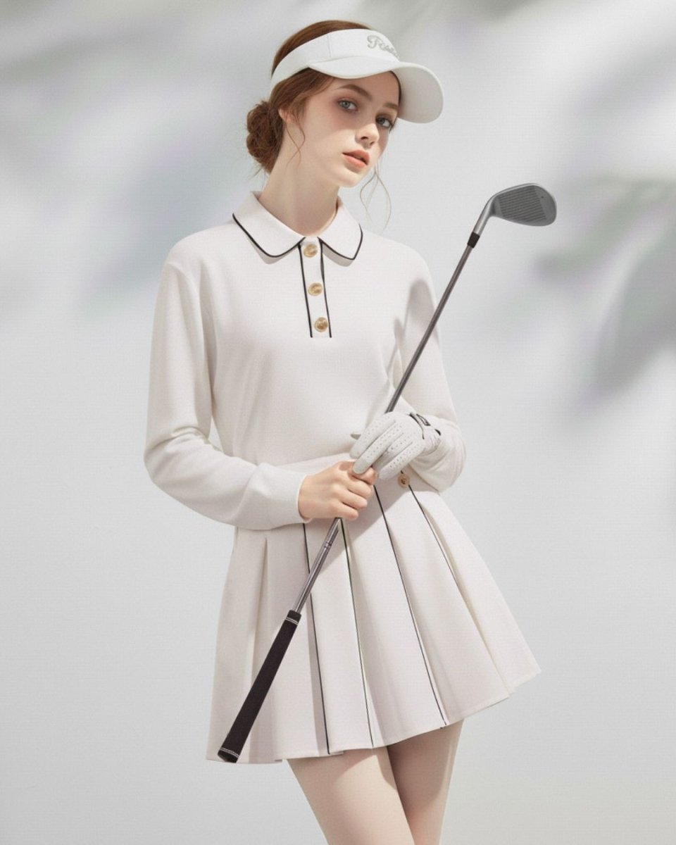 配色ライン ゴールドボタン ゴルフウェア トップス／スカート