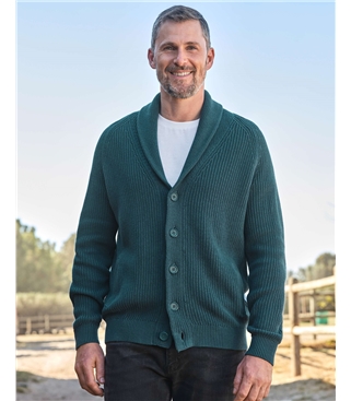 Denim Marl | Logan Cable Shawl Collar Cardigan | WoolOvers US