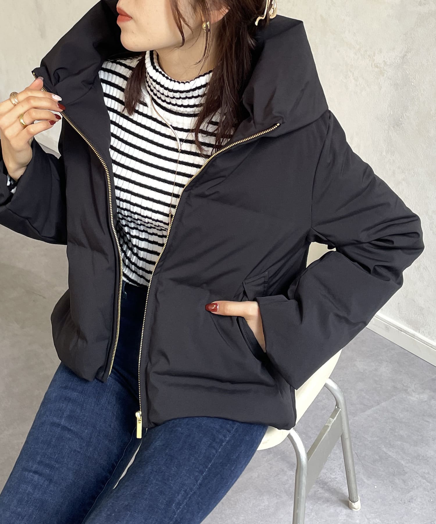 裾ドロストショールカラーショートダウンジャケット | Thevon