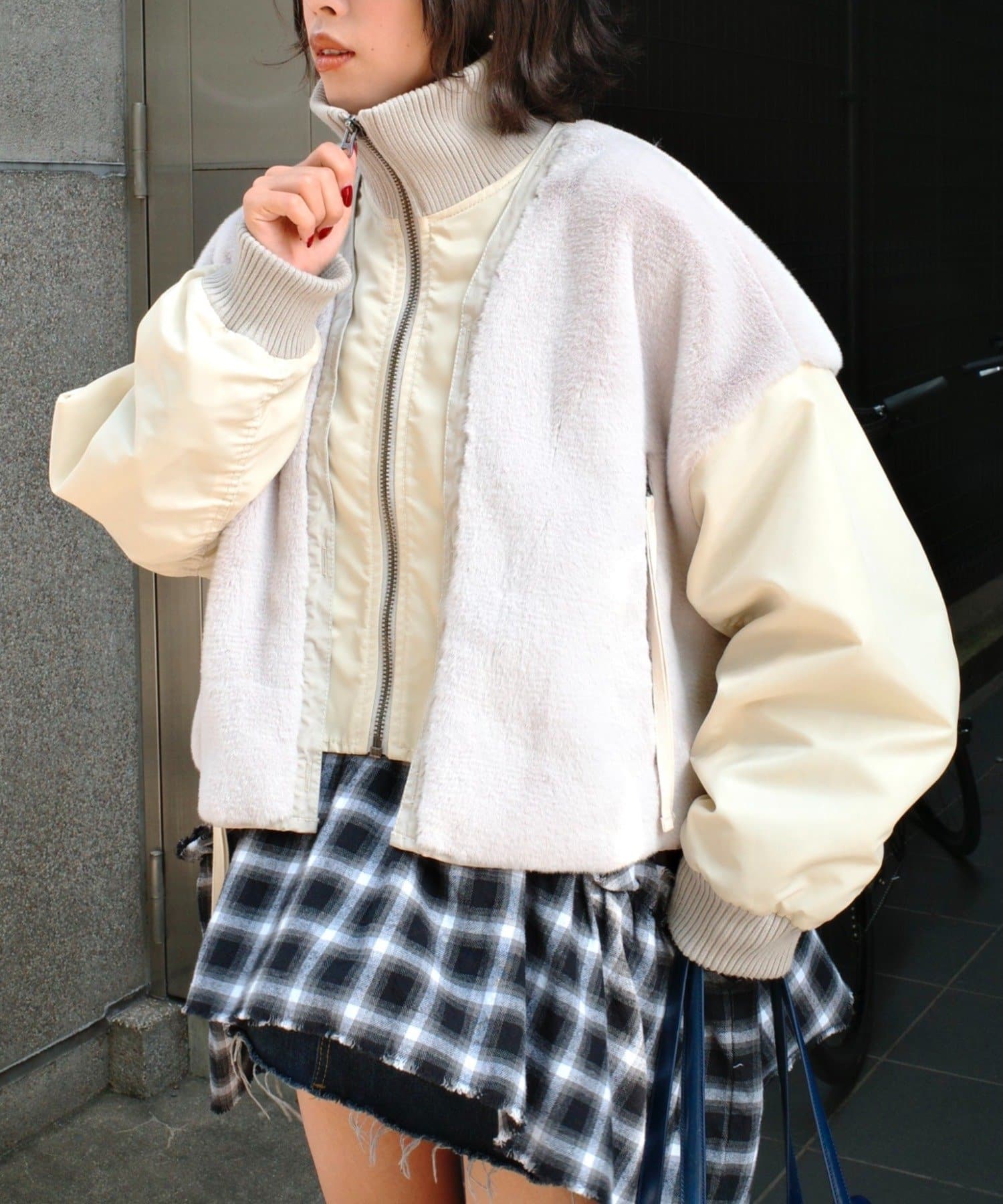 etsinta】ファー切替ショートスタンドジャケット/WEB限定カラーあり