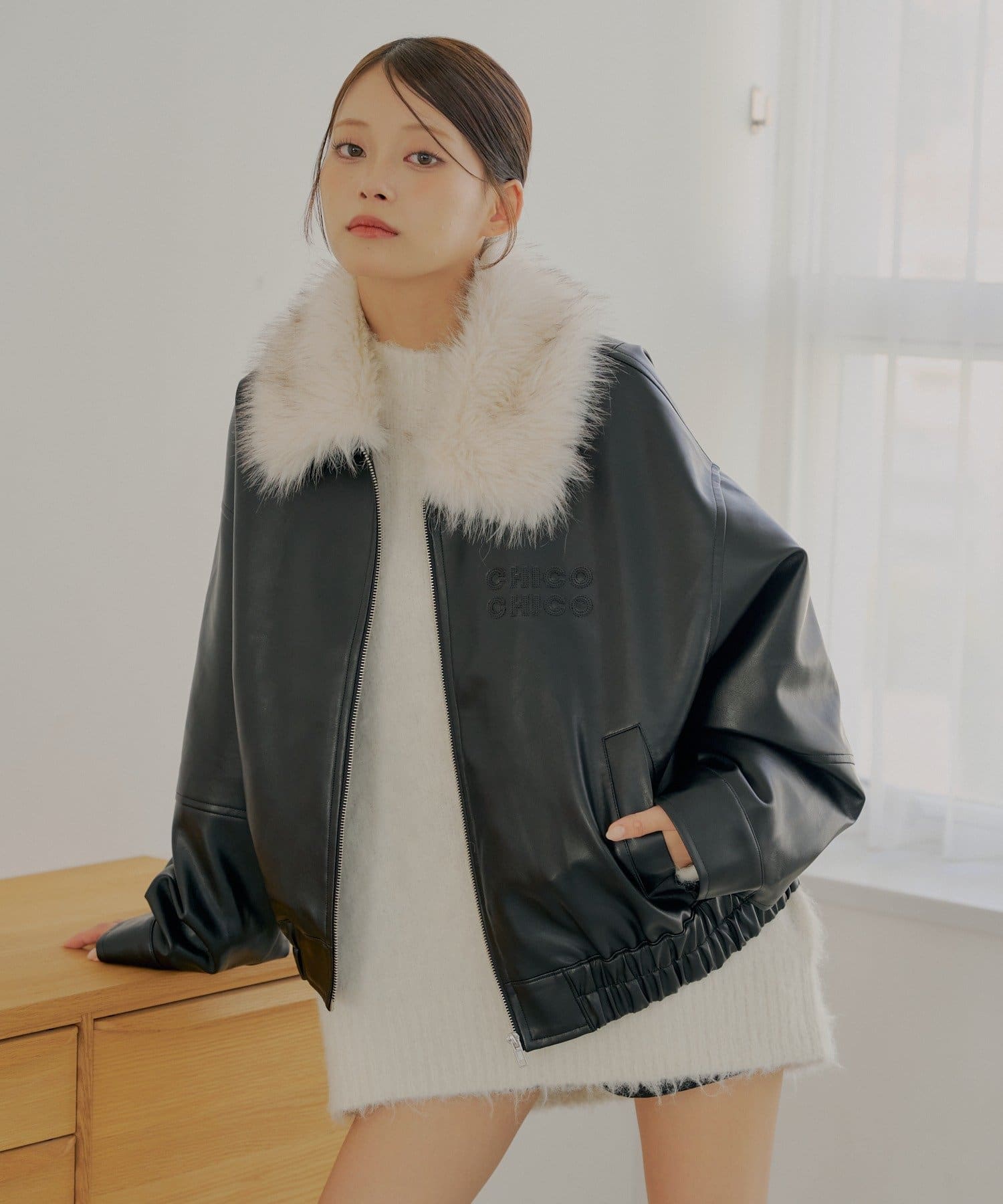 ファー取り外し可能】フェイクレザールーズジップブルゾン | Chico