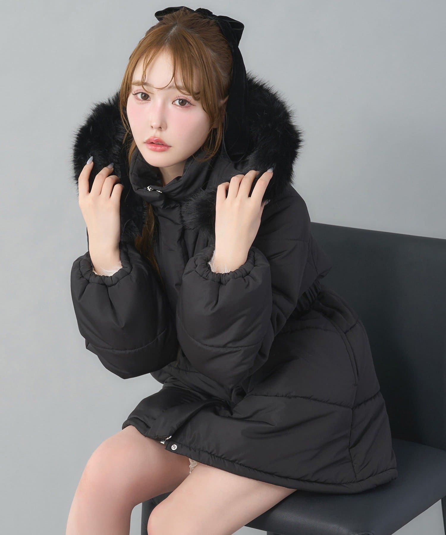 ベルト付きフェイクファーフードフェイクダウン | one after another