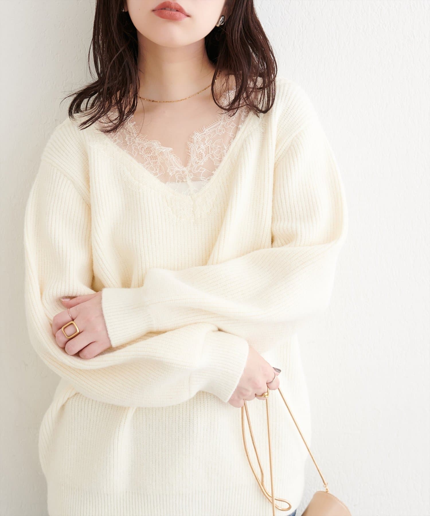 WEB限定】レースVネックニット | natural couture(ナチュラル