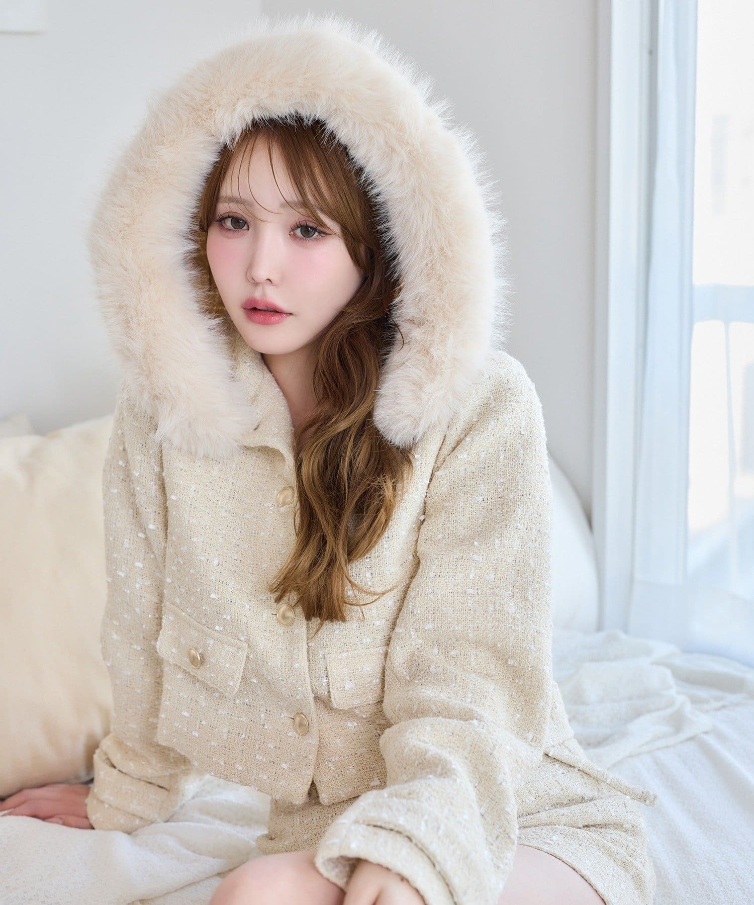 one after anoter】ツイードフードジャケット | NICE CLAUP / OLIVE