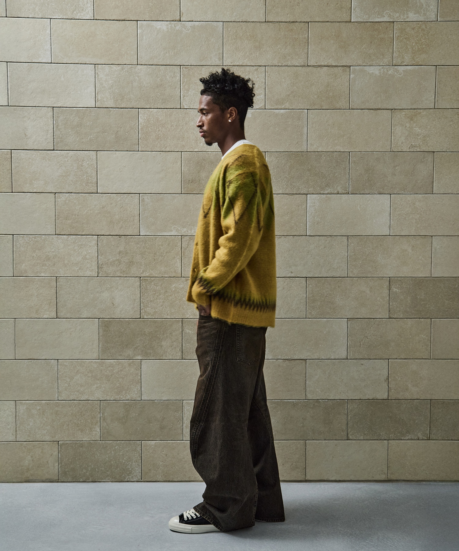 Mohair Cardigan Argyle(S MUSTARD): Needles: MENS｜CONZ ONLINE STORE