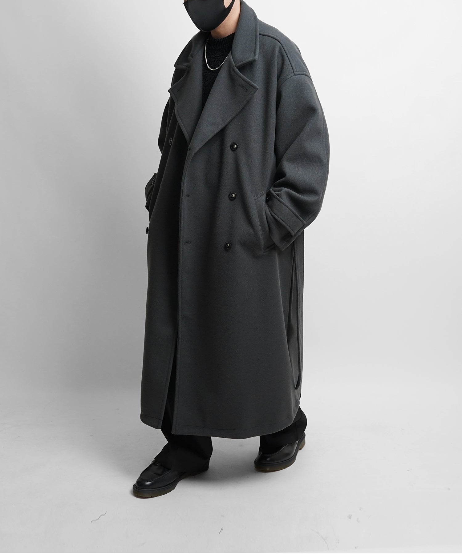 オーバーサイズ ウールライク メルトン スタンドネック ロングトレンチ