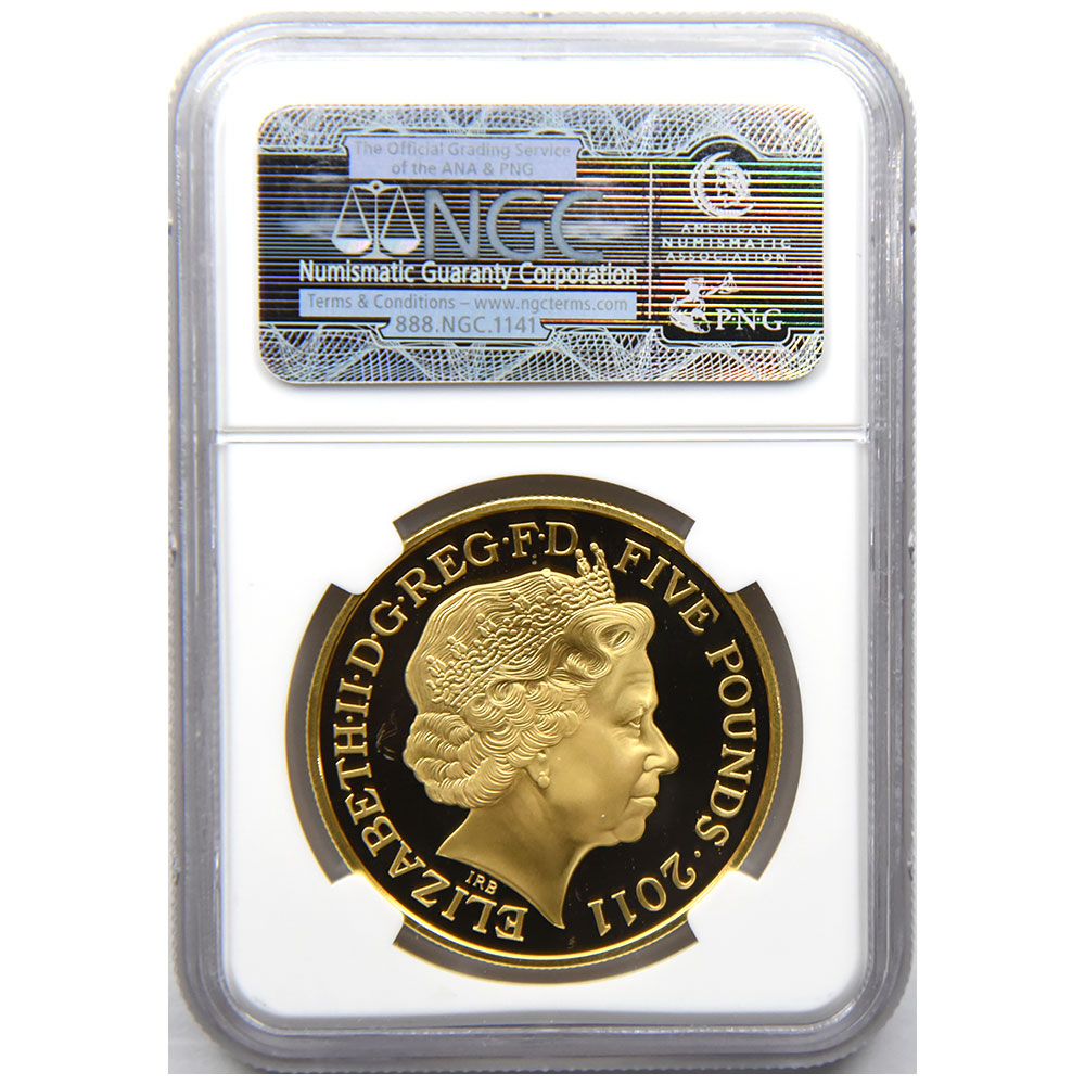 イギリス 2011 エリザベス2世 5ポンド2オンス 金メッキ NGC PF 69