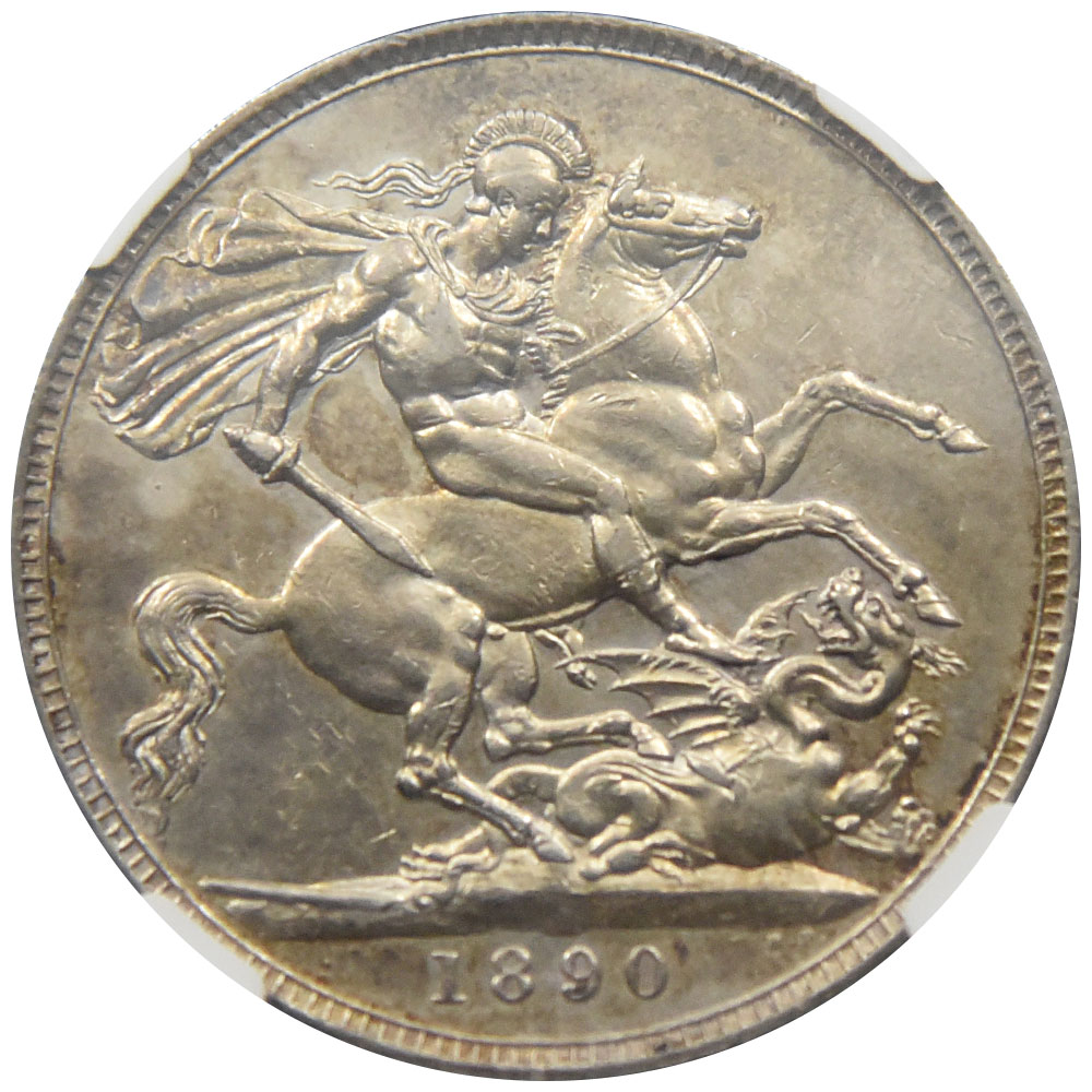 イギリス 1890 ヴィクトリア女王 クラウン 銀貨 NGC AU53 聖ジョージの