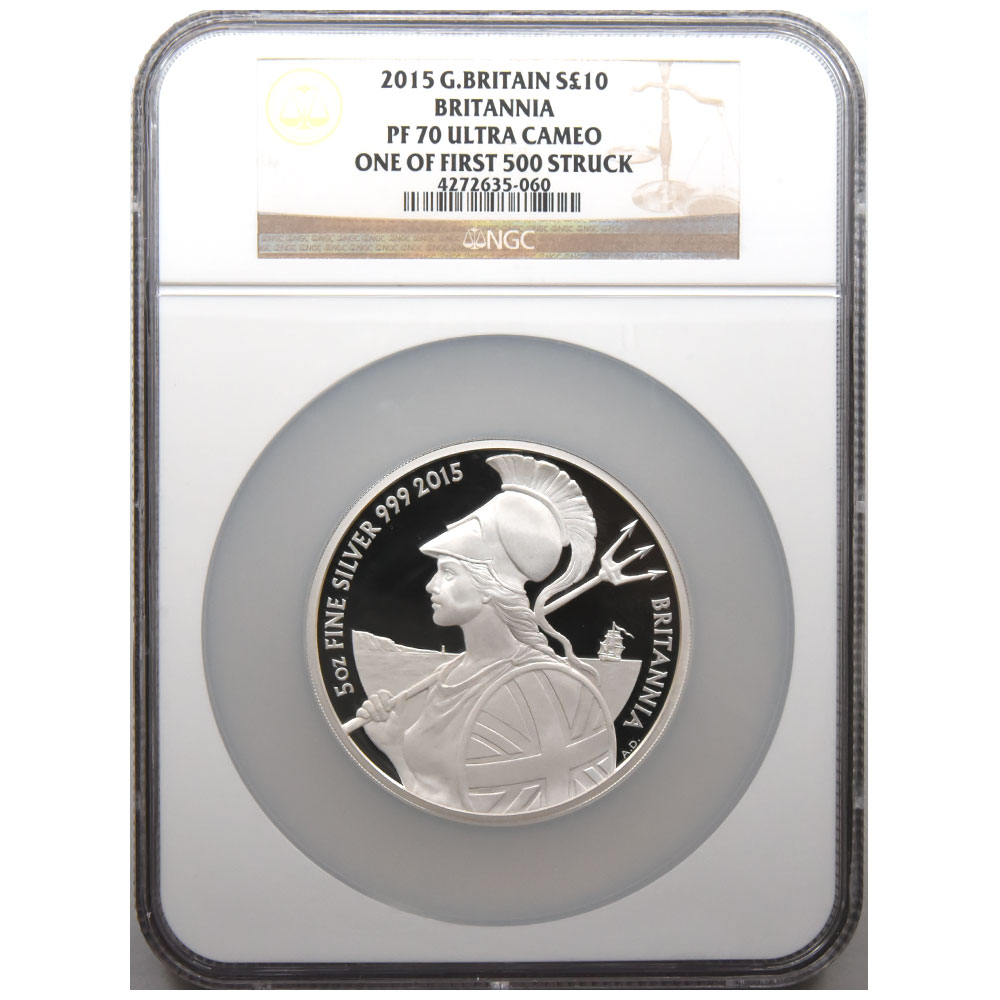 イギリス 2015 エリザベス2世 10ポンド5オンス 銀貨 NGC PF 70 ULTRA