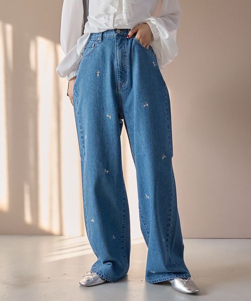 花柄刺繍 ワイドストレートデニムパンツ