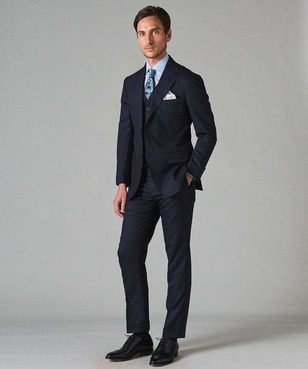 御幸毛織】Superio160 ウールカシミヤ スーツ（ネイビーストライプ