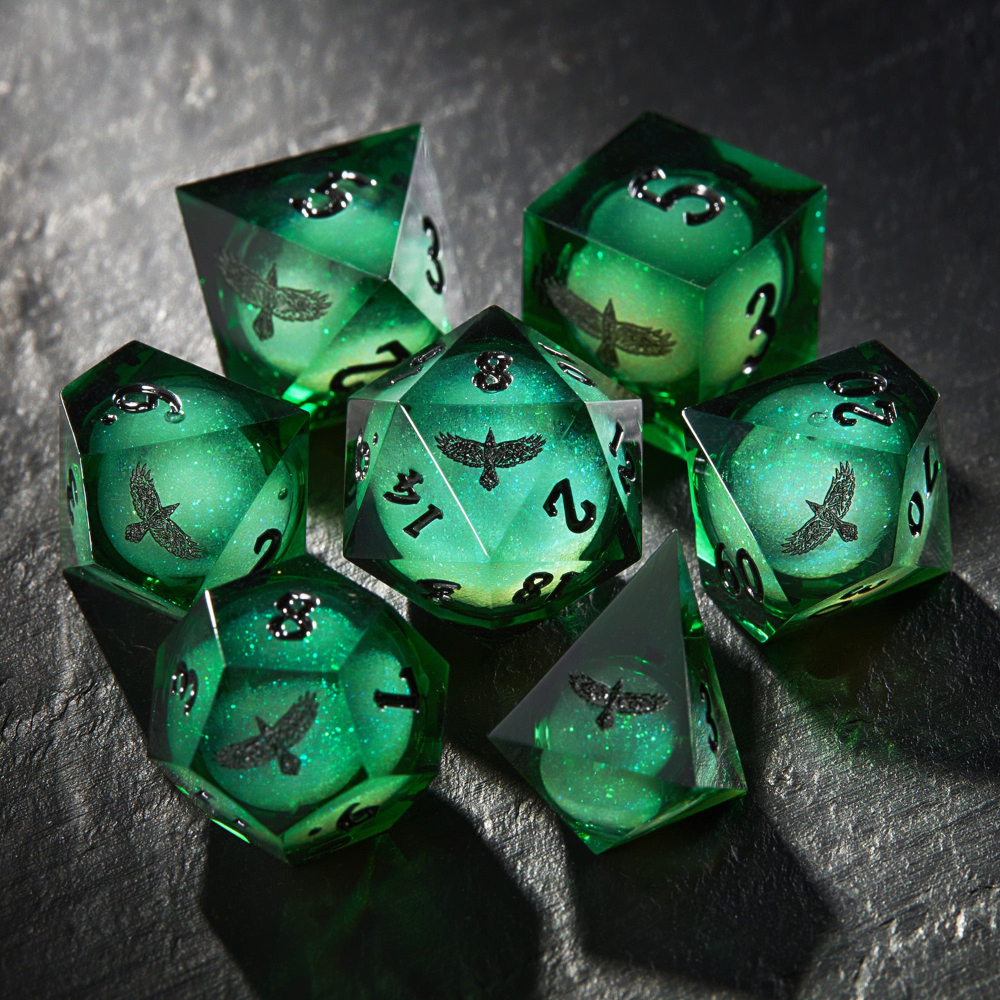 Green Liquid Core Resin Galaxy Dice Celtic Ravens Dice – CrystalMaggie