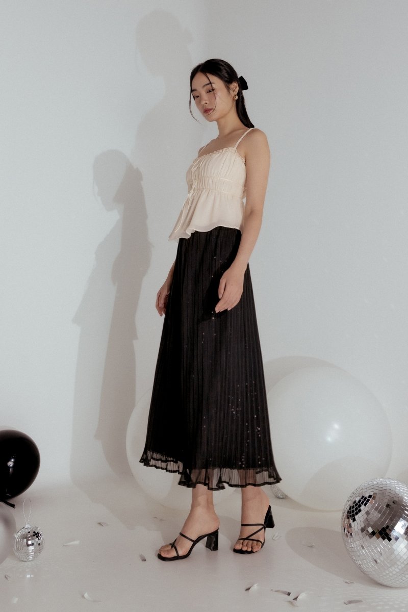 STARLYN SEQUIN PLEATED MIDAXI SKIRT (BLACK) | Lovet
